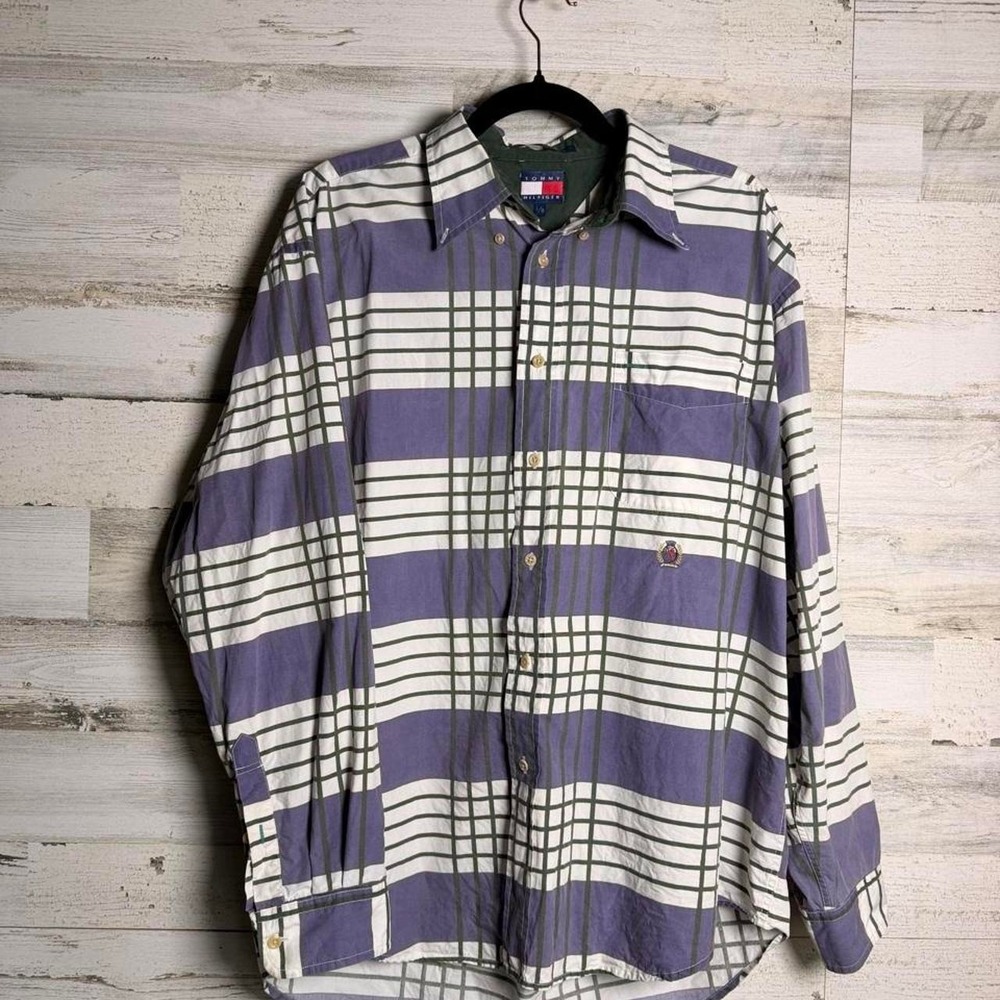 Vintage Tommy Hilfiger Purple Green Plaid Button Up Shirt L
